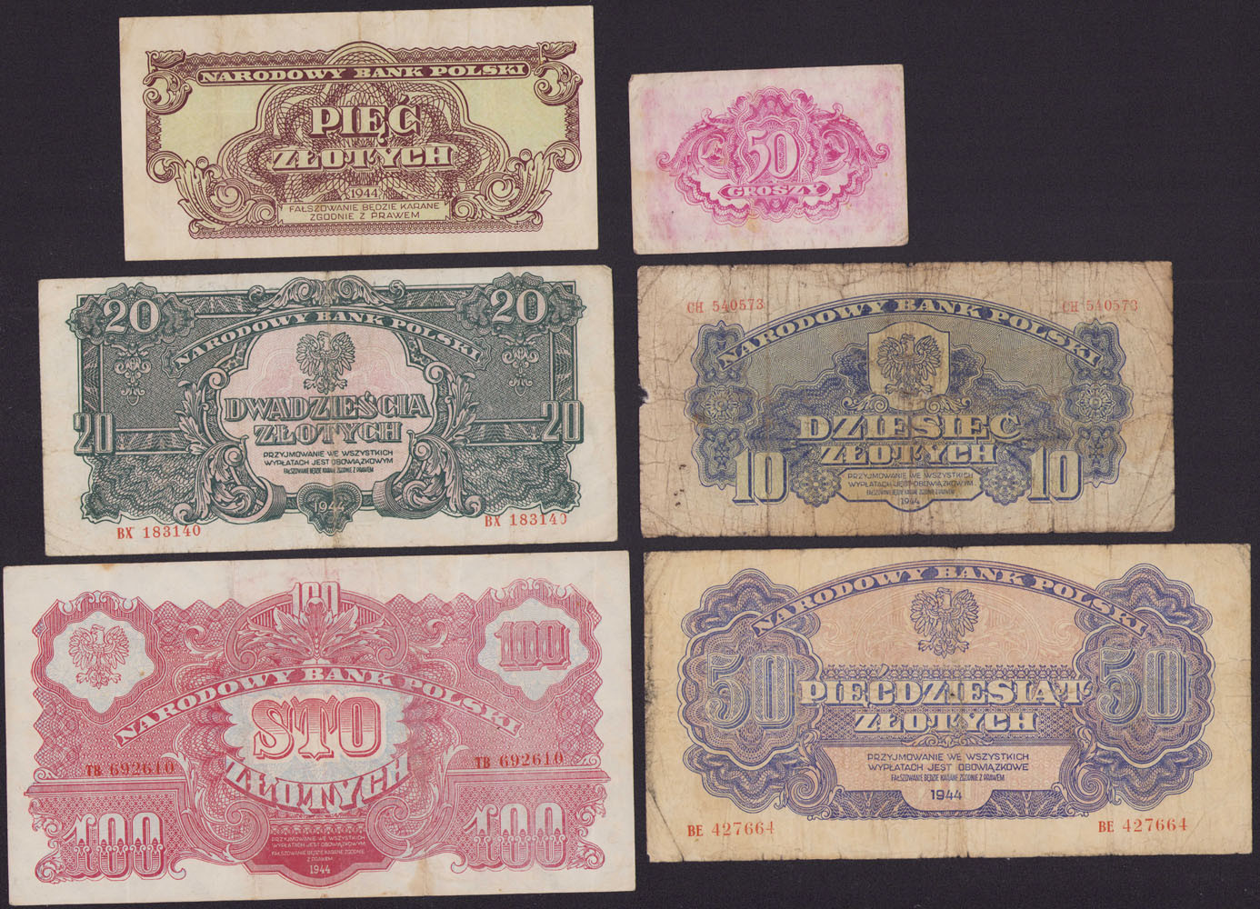 50 groszy - 100 złotych 1944, zestaw 6 banknotów